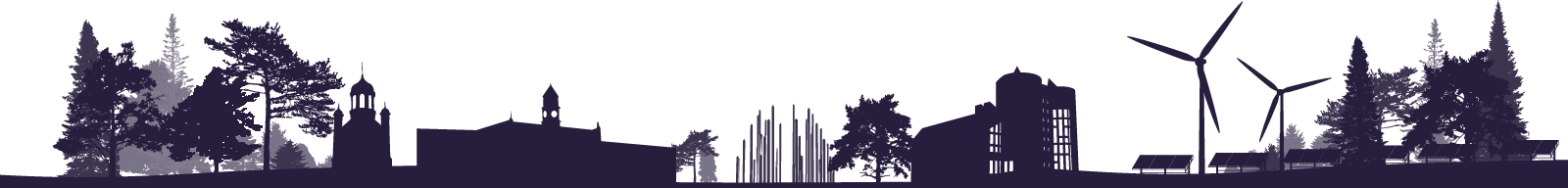 silhuoute of building, tree and windmill