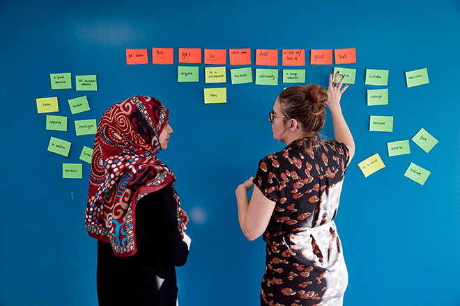 A tutor and a student standing in front of a wall of post-it notes