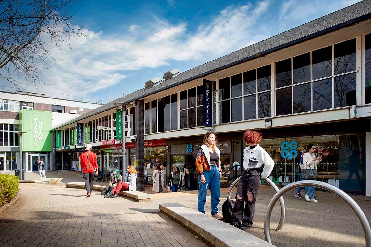 Students outside the shops on the Keele campus